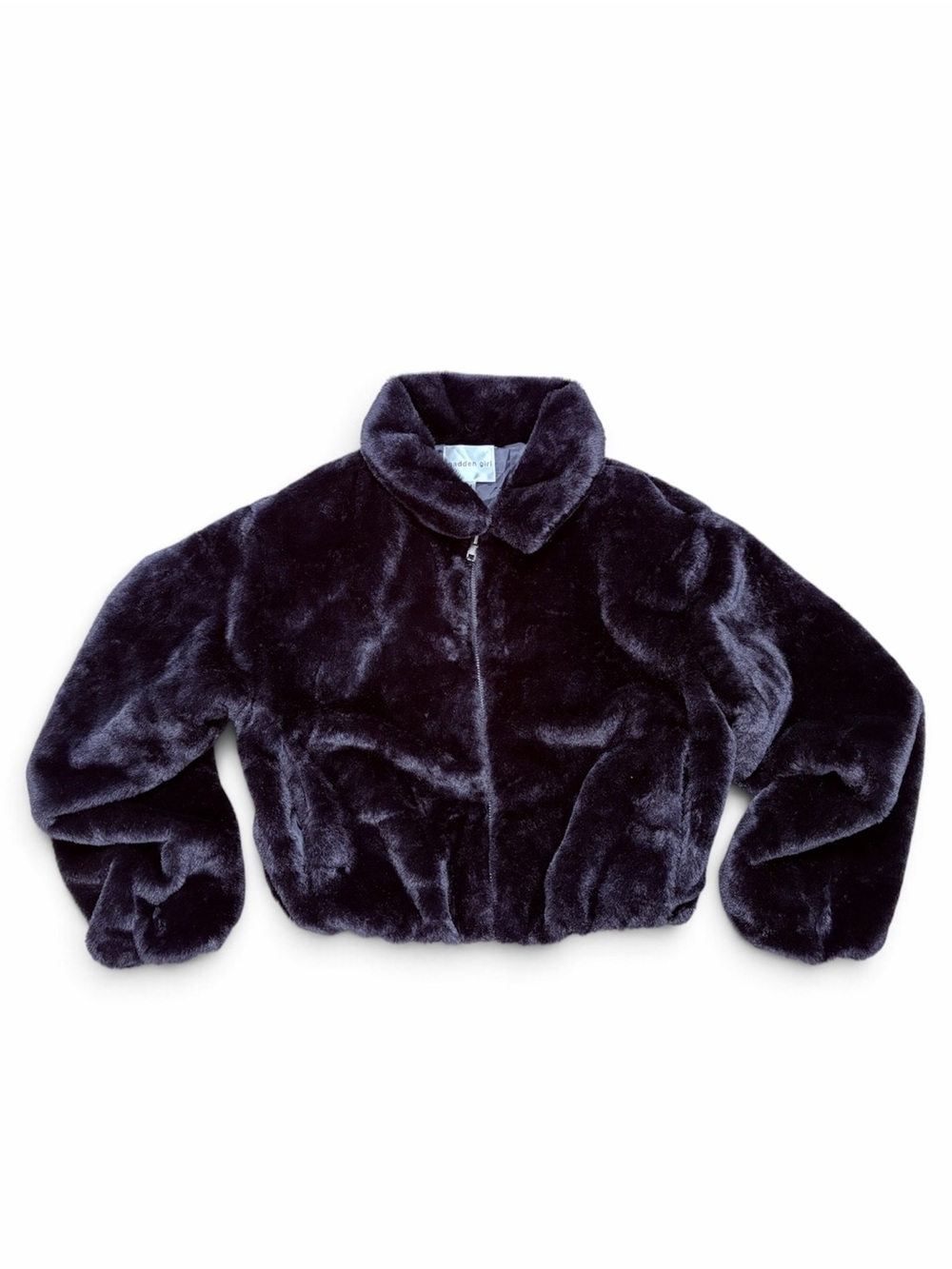 Madden Girl Black Faux Fur Cropped Bomber Jacket Women’s New Without Tags